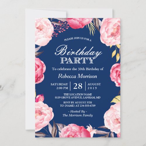 Romantic Floral Wreath Navy Blue Birthday Party Card