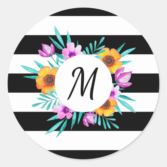 Romantic Floral Wreath Personalized Monogram Classic Round Sticker (Front)