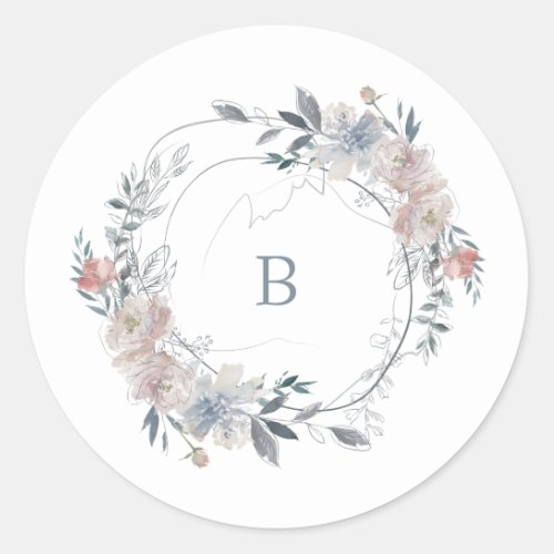 Romantic Floral Wreath Watercolor Monogram Classic Round Sticker