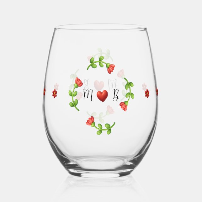 Romantic Floral Wreath with Heart Initials Stemless Wine Glass (Front)