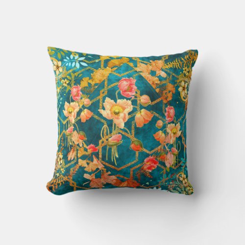 Romantic Florals Teal Background Throw Pillow