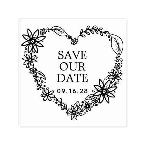 Romantic Flower Heart Wreath Save The Date Self_inking Stamp
