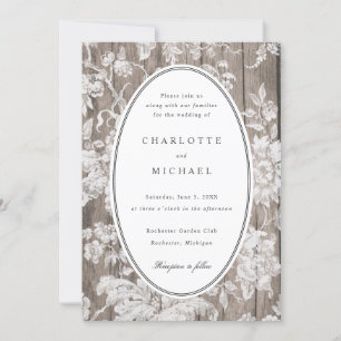 Romantic flower print on wood wedding invitation