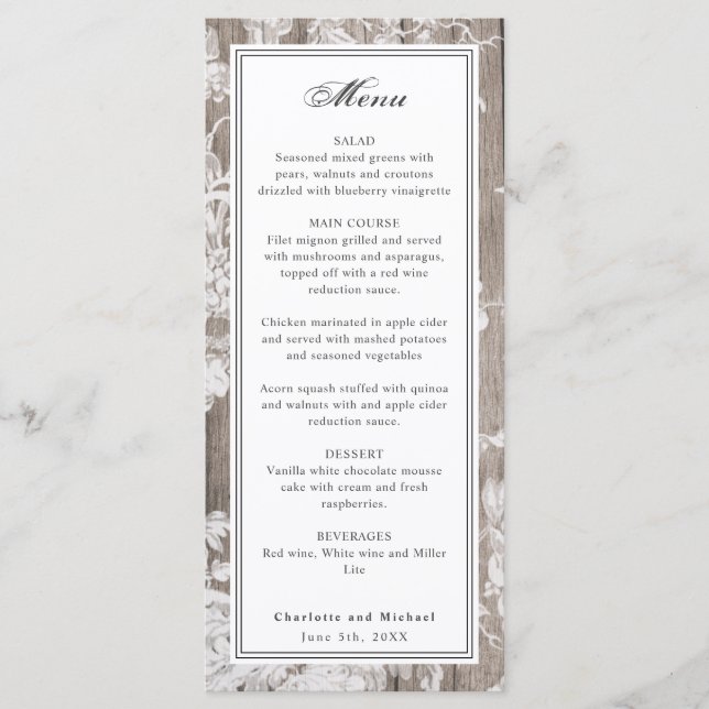 Romantic flower print on wood wedding menu (Front)