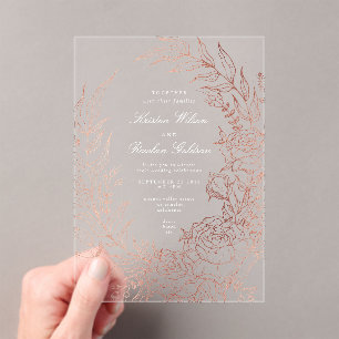 Romantic Flower Roes Gold Wreath Wedding Acrylic Invitations
