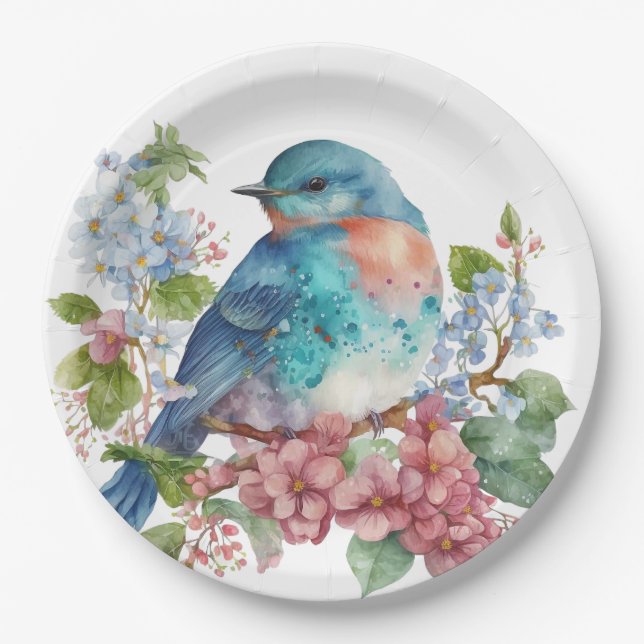 Romantic flowers and blue bird paper plates (Front)
