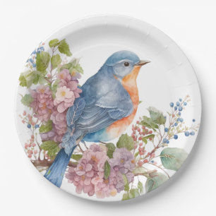Romantic flowers and blue bird paper plates