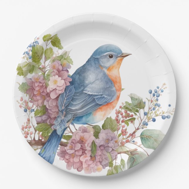 Romantic flowers and blue bird paper plates (Front)