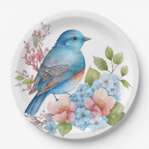Romantic flowers and blue bird paper plates
