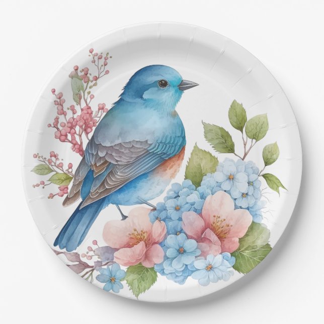 Romantic flowers and blue bird paper plates (Front)