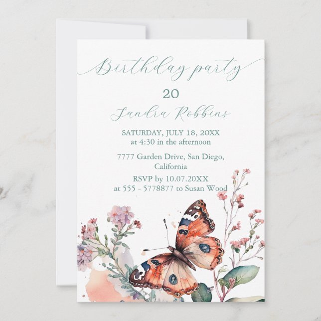 Romantic flowers and butterfly Birthday Invitation (Front)