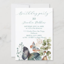 Romantic flowers and butterfly Birthday Invitation