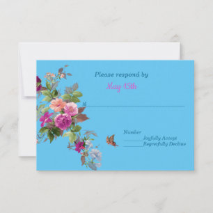 Romantic Flowers and Butterfly on Blue RSVP Card