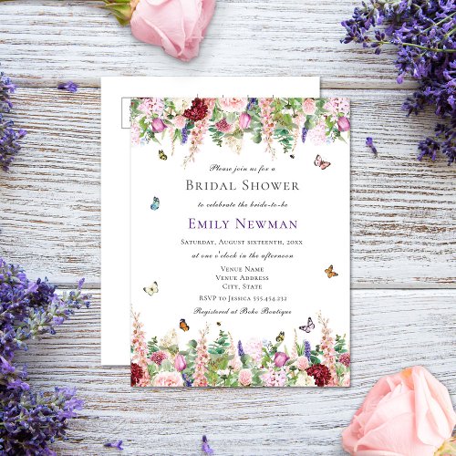 Romantic Flowers  Butterflies  Bridal Shower Invitation Postcard