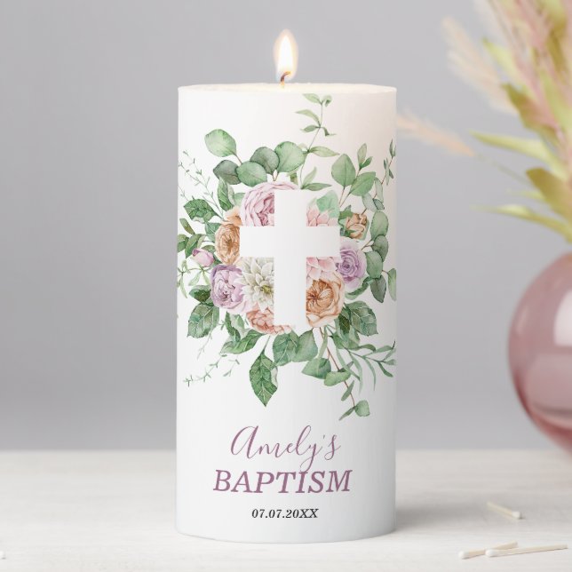 Romantic Flowers & Cross Baptism Pillar Candle (In Situ)