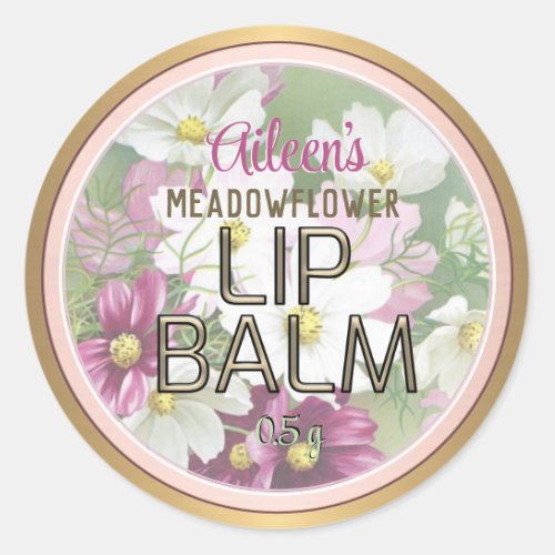 Romantic Flowers Embossed Text Lip Balm Gold Rim  Classic Round Sticker