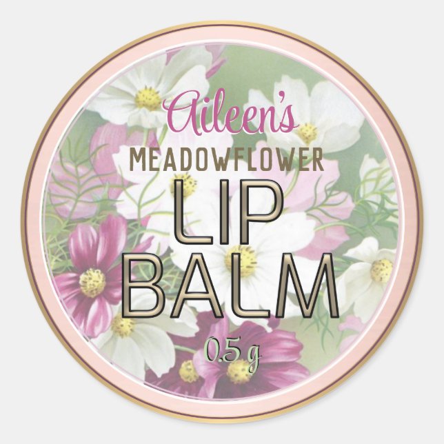 Romantic Flowers Embossed Text Lip Balm Gold Rim  Classic Round Sticker (Front)