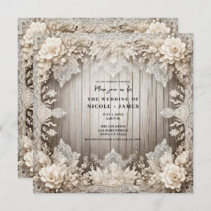 Romantic Flowers Lace + Wood Rustic Wedding Invitation