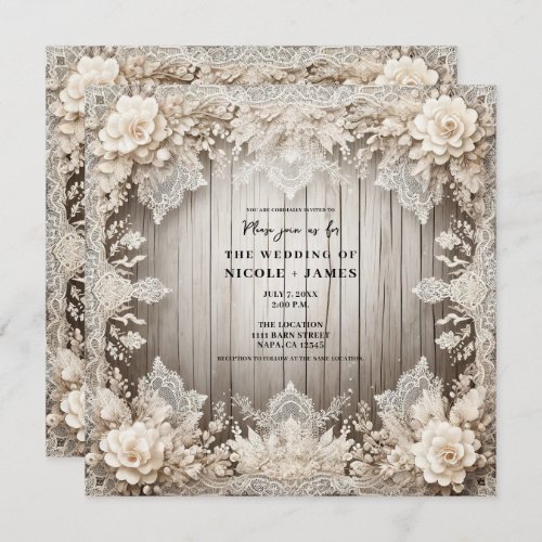 Romantic Flowers Lace  Wood Rustic Wedding  Invitation