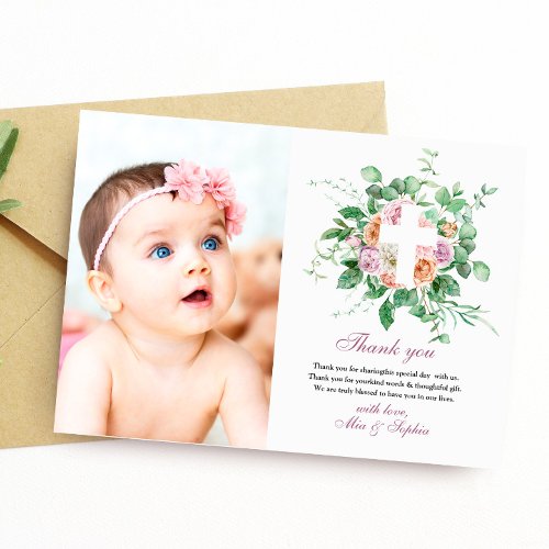Romantic Flowers  Photo Baptism Thank You Card
