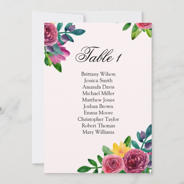 Romantic flowers wedding seating chart. Table plan Invitation (Front)