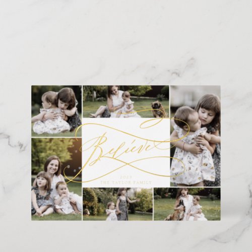 Romantic Foil Believe Christmas 7 Photo Newsletter Foil Holiday Card