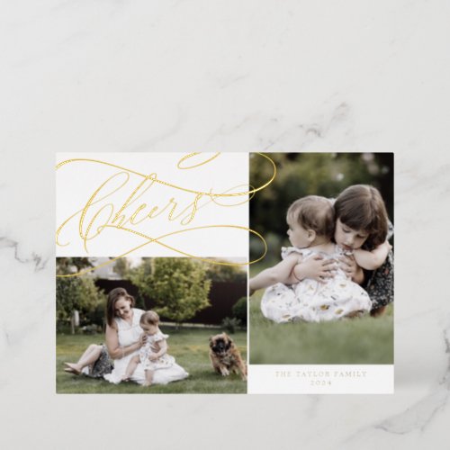Romantic Foil Cheers New Years 3 Photo Family News Foil Holiday Card
