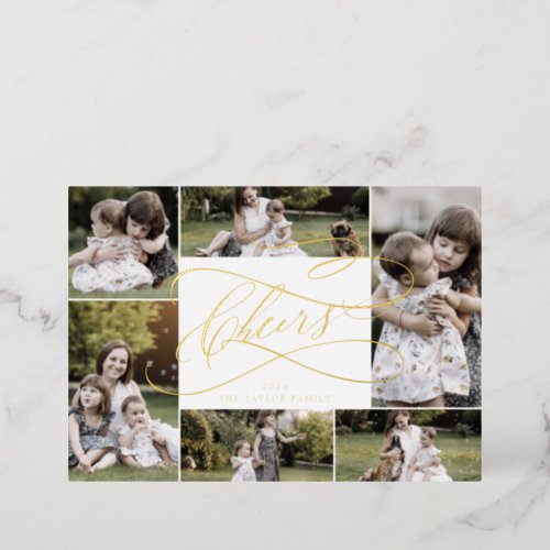 Romantic Foil Cheers New Years 7 Family Photos Foil Holiday Card