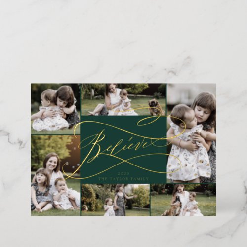 Romantic Foil  Green Believe 7 Photo Newsletter Foil Holiday Card