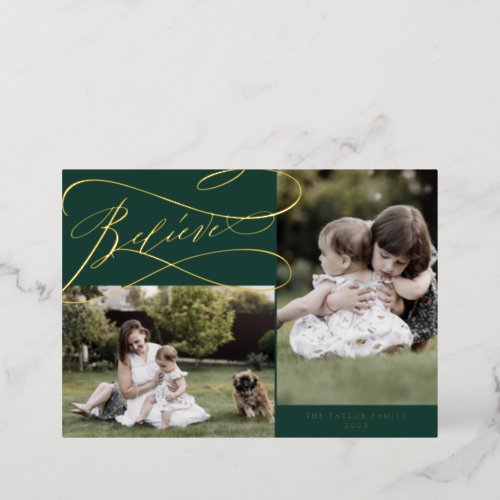 Romantic Foil  Green Believe Christmas 3 Photo Foil Holiday Card