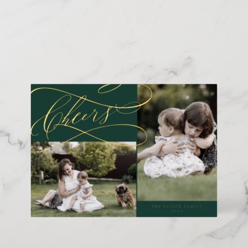 Romantic Foil  Green Cheers 3 Photo Family News Foil Holiday Card