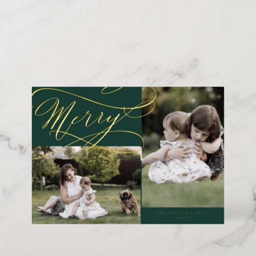 Romantic Foil  Green Merry 3 Photo Newsletter Foil Holiday Card