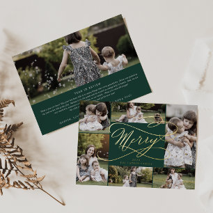 Romantic Foil Green Merry 7 Photo Collage Foil Holiday Card