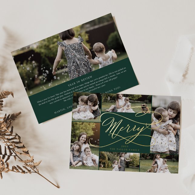 Romantic Foil | Green Merry 7 Photo Collage Foil Holiday Card (Creator Uploaded)