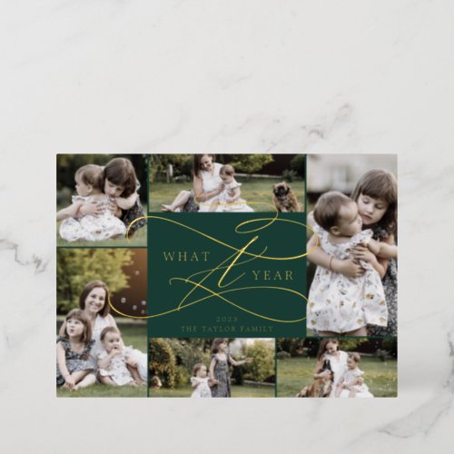 Romantic Foil Green What A Year 7 Photo Newsletter Foil Holiday Card