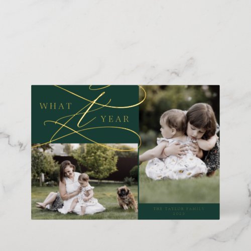Romantic Foil Green What A Year Christmas 3 Photo Foil Holiday Card