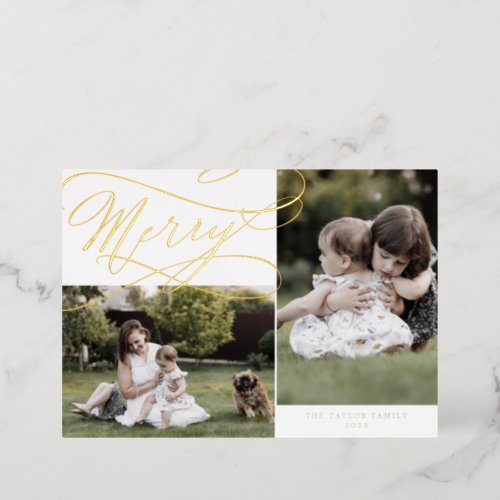 Romantic Foil Merry Christmas 3 Photo Newsletter Foil Holiday Card
