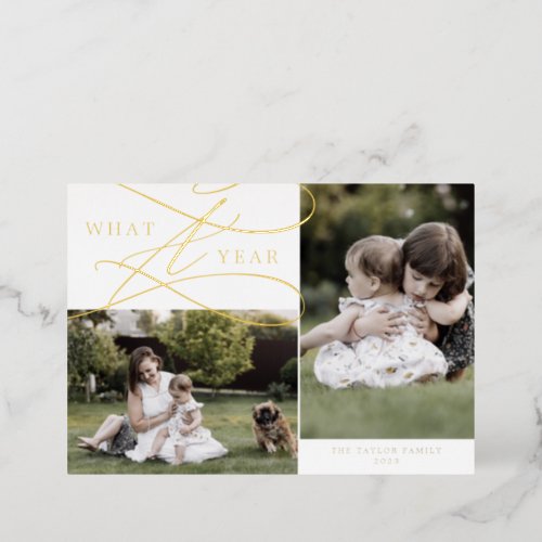 Romantic Foil What A Year Christmas 3 Photo Foil Holiday Card