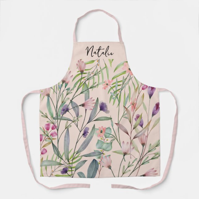 Romantic foliage botanical script monogram pink apron (Front)