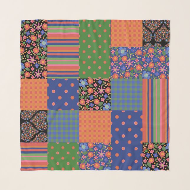 Romantic Folk Art Style Floral Faux Patchwork Scarf (Front)