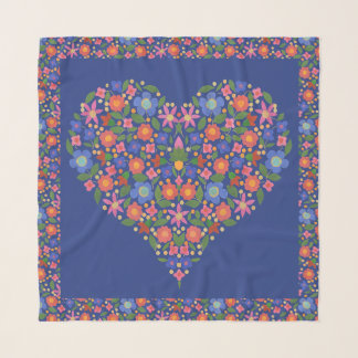 Romantic Folk Art Style Floral Heart on Blue Scarf