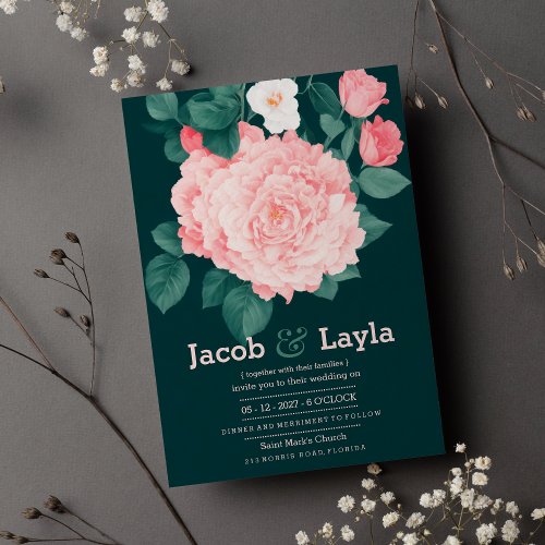 Romantic forest green pink rose floral wedding invitation