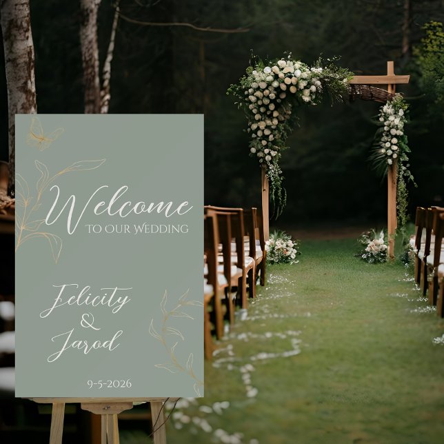 Romantic Forest Wedding Sign (Romantic Forest Wedding Welcome Sign with gold butterfly and leaf accents on sage green background)