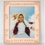 Romantic Forevermore Newlywed Wedding Photo  Engraved Frames<br><div class="desc">Romantic Vintage Inspired Aesthetic Floral Scoll Border Newlywed Wedding Photo Laser Etched Wood Frames. Bride and Groom's Names at top of frame with a heart in each top corner. Five Years Down and Forever to Go at the bottom. Perfect for newlyweds 1st Christmas (for newlyweds change bottom to wedding date)...</div>