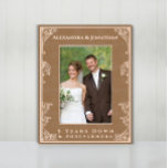 Romantic Forevermore Newlywed Wedding Photo  Etche Engraved Frames<br><div class="desc">Romantic Vintage Inspired Aesthetic Floral Scoll Border Newlywed Wedding Photo Laser Etched Wood Frames. Bride and Groom's Names at top of frame with a heart in each top corner. Five Years Down and Forever to Go at the bottom. Perfect for newlyweds 1st Christmas (for newlyweds change bottom to wedding date)...</div>