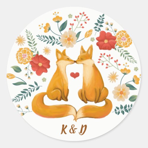 Romantic Foxes and Rustic Floral Foliage Wedding Classic Round Sticker