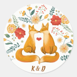 Romantic Foxes and Rustic Floral Foliage Wedding Classic Round Sticker