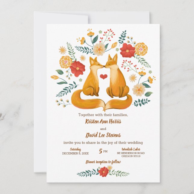 Romantic Foxes and Rustic Floral Foliage Wedding Invitation (Front)