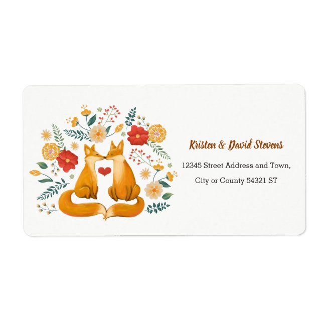 Romantic Foxes and Rustic Floral Foliage Wedding Label (Front)