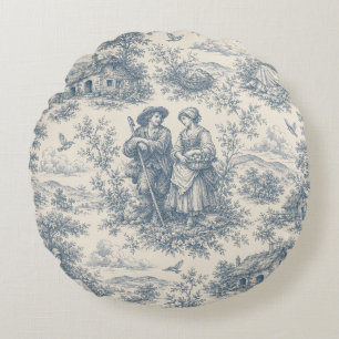 Romantic French Countryside Toile in Dusty Blue Round Pillow